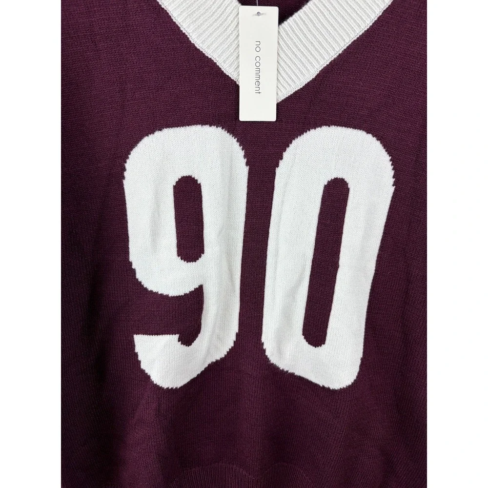 No Comment Sweater Varsity VNeck Maroon 90 Graphic Oversized Preppy Retro Medium